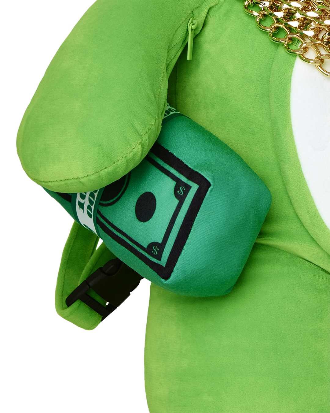 Side angle showing the large back pocket and chain details on the teddy bear backpack