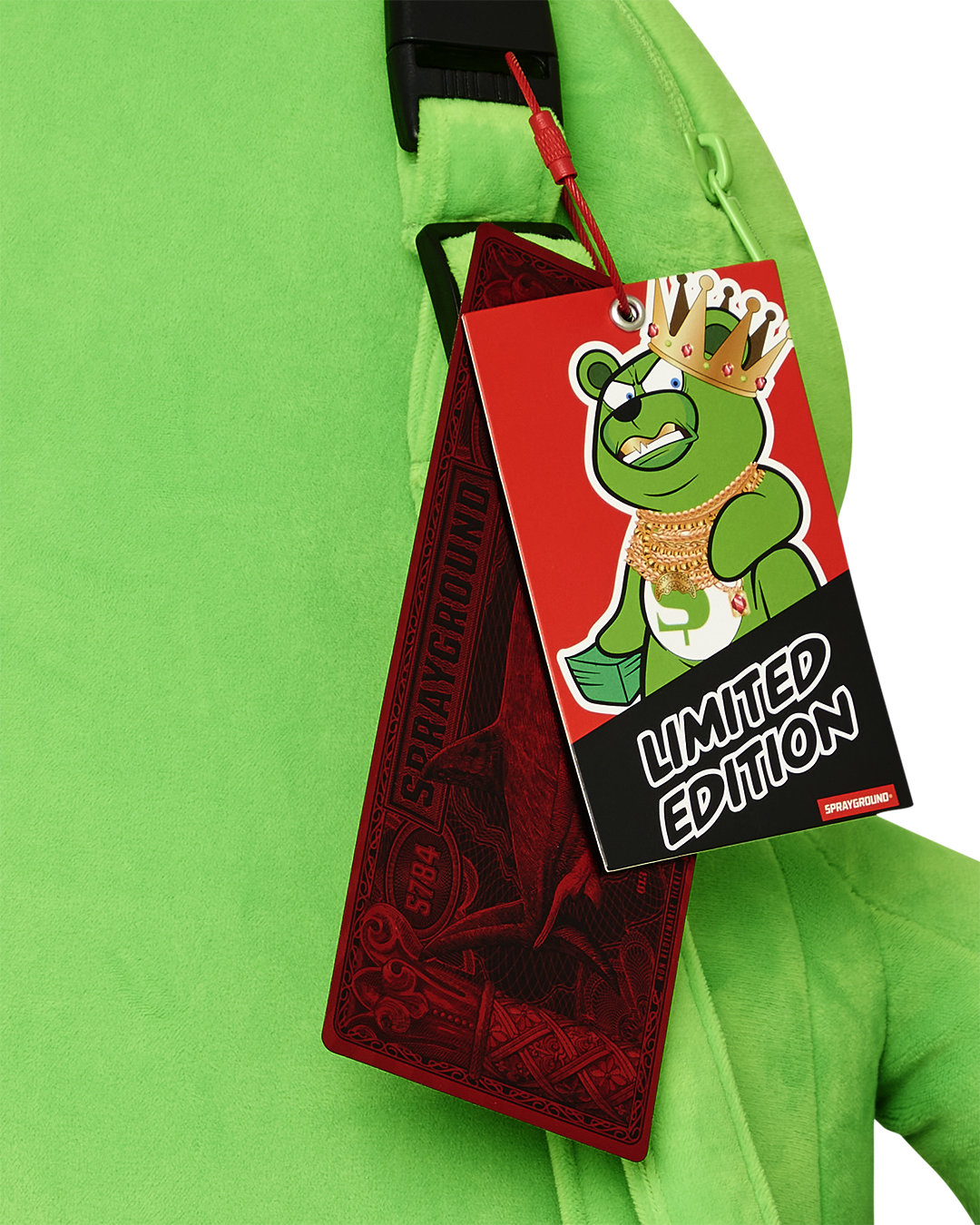 Close-up of the teddy bear plush backpack with 12 chains and zippered pockets