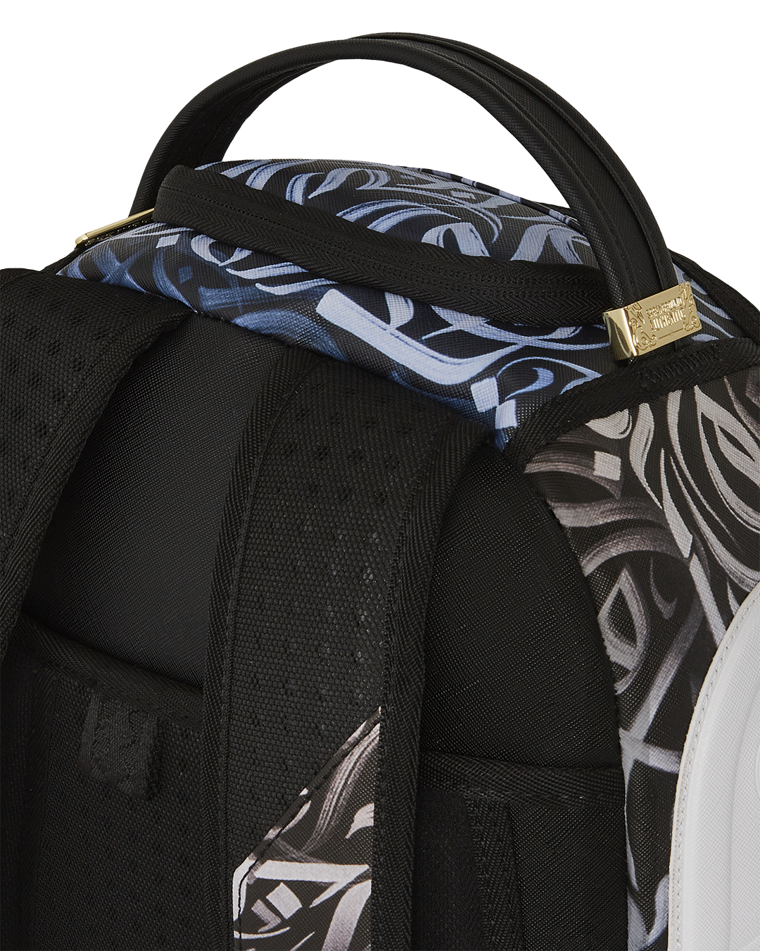 Side profile showing adjustable straps and side pockets of the Sprayground limited edition backpack