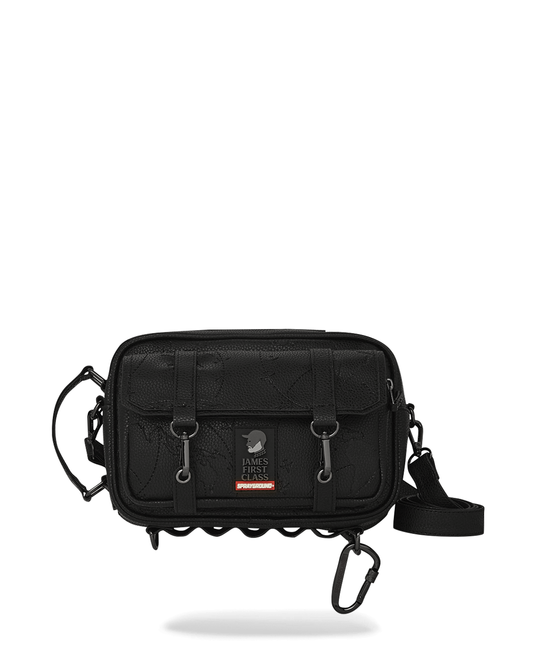Front view of the Tycoon Traveler black crossbody bag with red zippered pocket