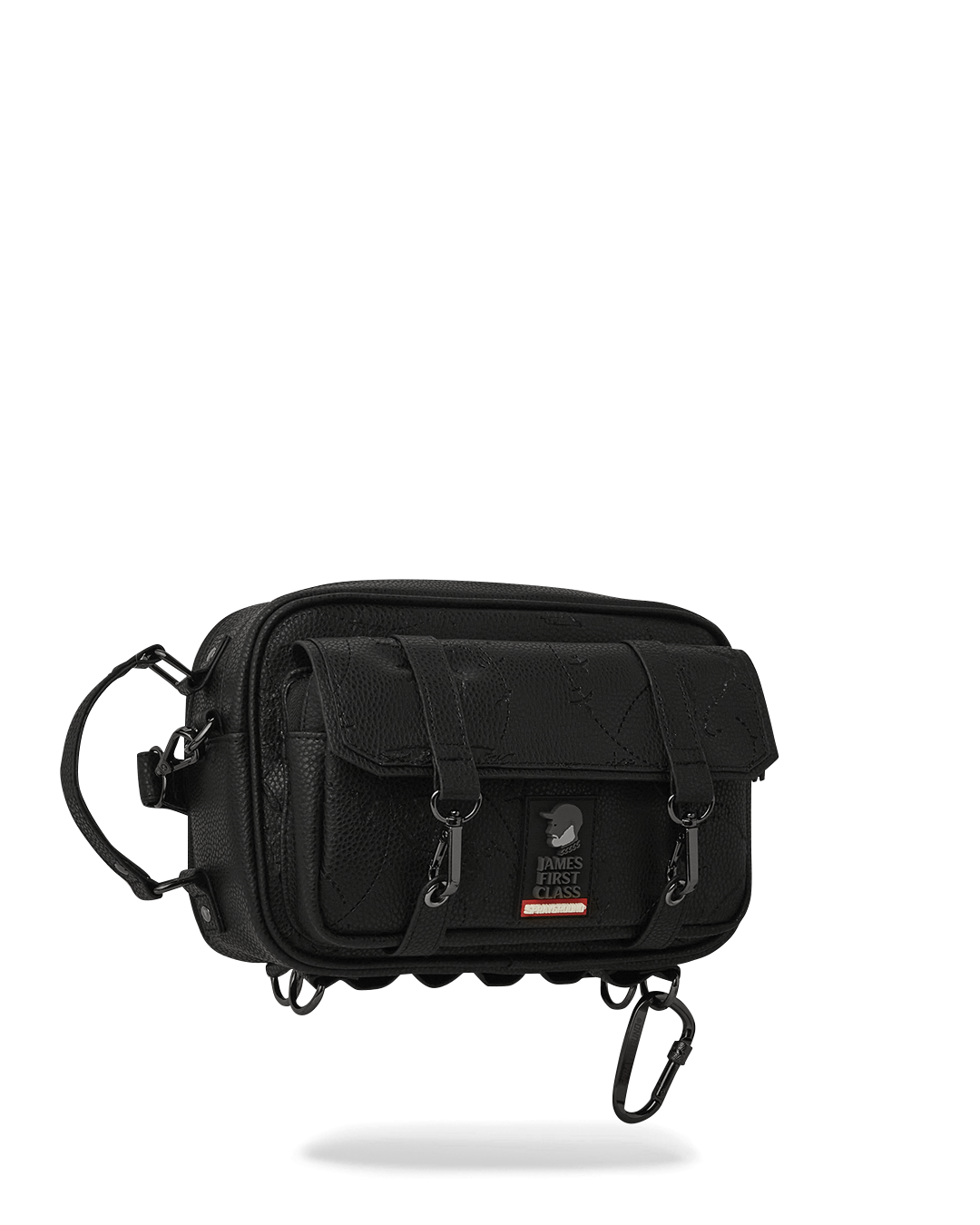 Top-down shot of the travel bag packed with phone, wallet, and sunglasses