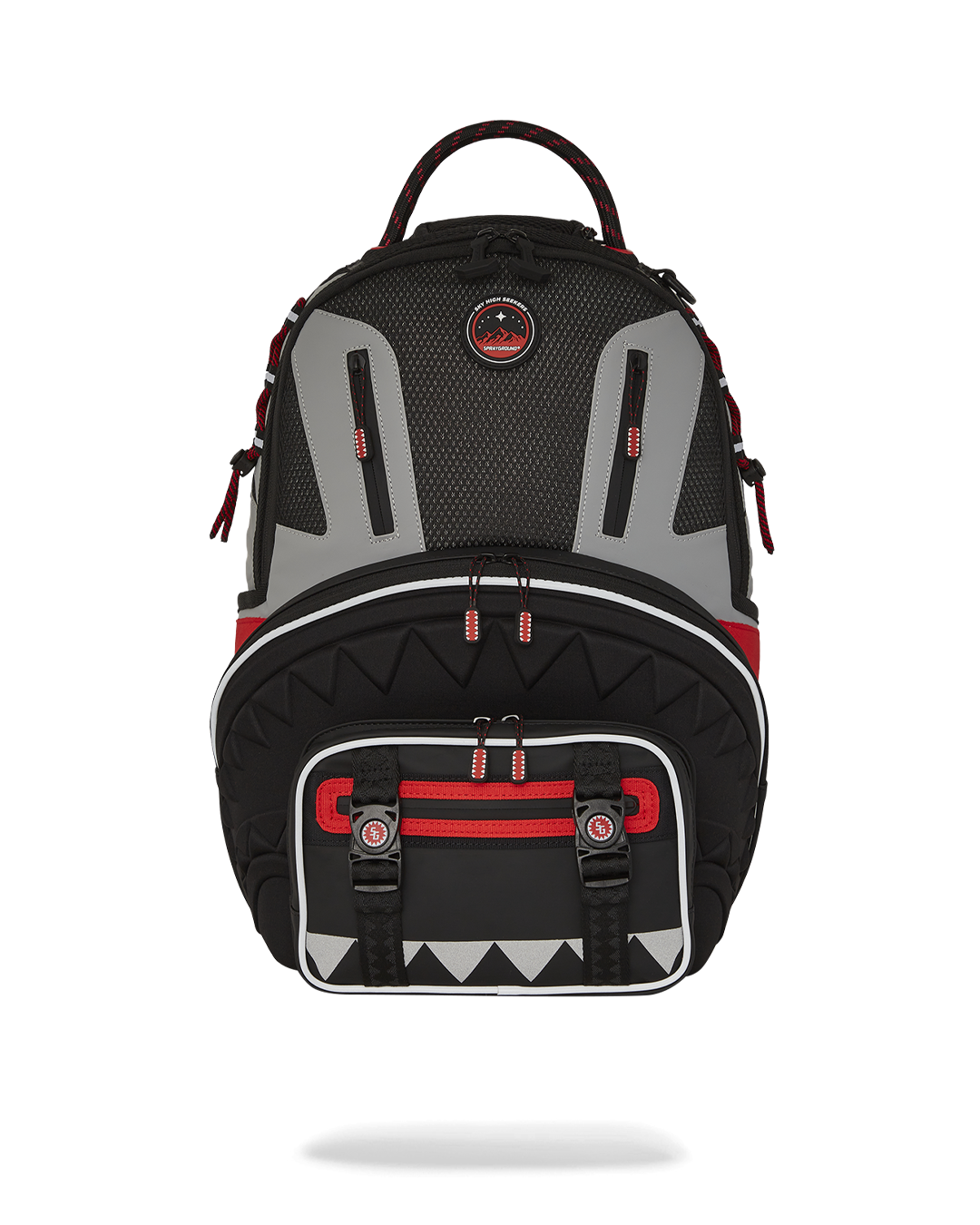 Luxury backpack men’s design showcasing embossed faux leather and red cord handle.