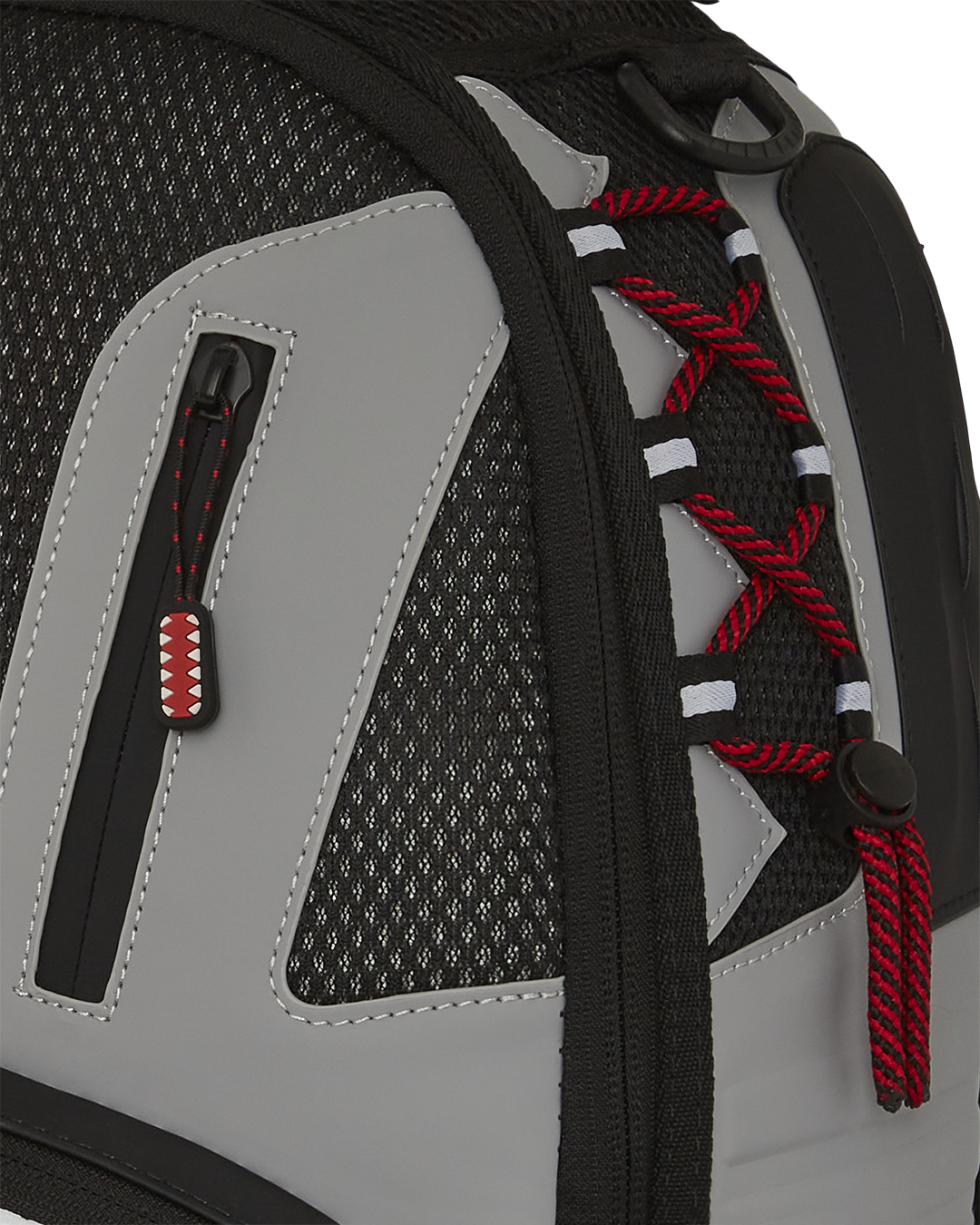 Luxury backpack men’s design showcasing embossed faux leather and red cord handle.