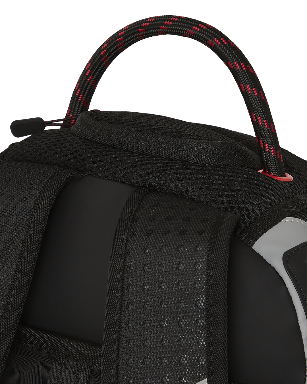 Luxury backpack men’s design showcasing embossed faux leather and red cord handle.