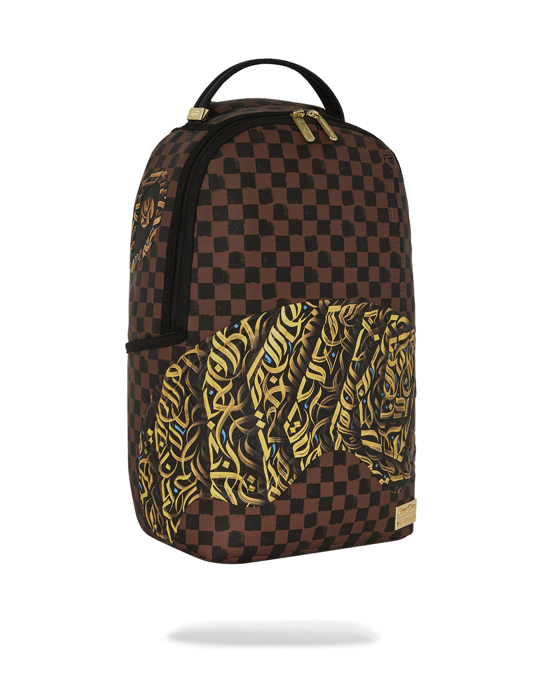 Close-up of metal Sprayground Authentic badge and luxurious faux leather