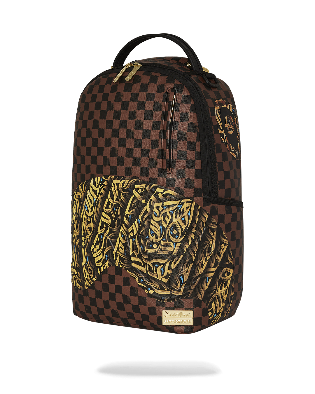Close-up of metal Sprayground Authentic badge and luxurious faux leather