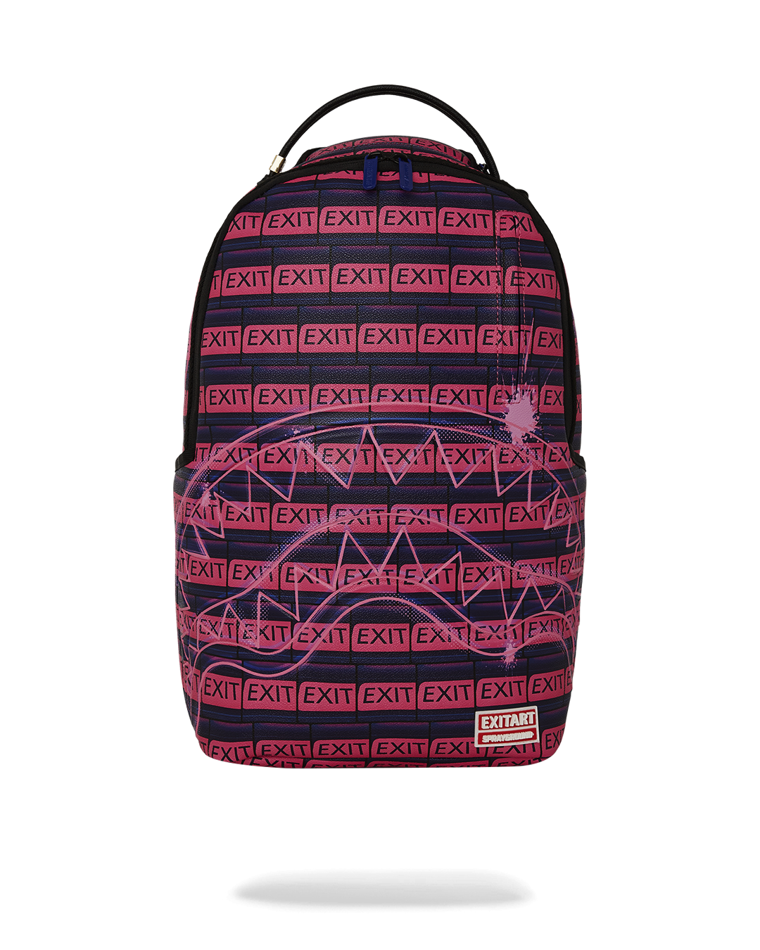 Pink faux leather backpack with front zipper pocket and side pockets