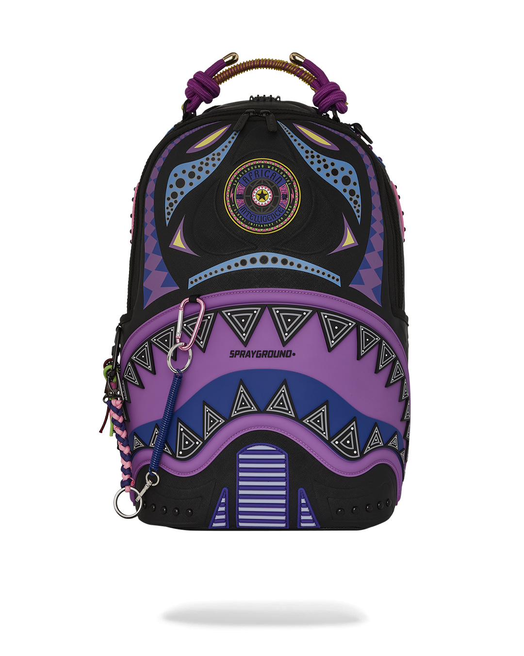 Front view of the faux leather backpack with gold zippers and multiple pockets