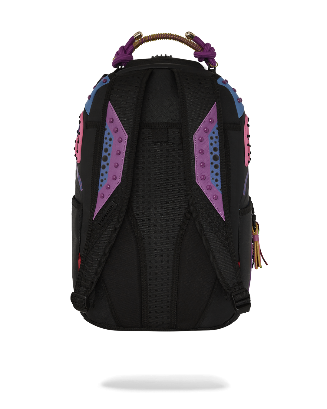 Front view of the faux leather backpack with gold zippers and multiple pockets