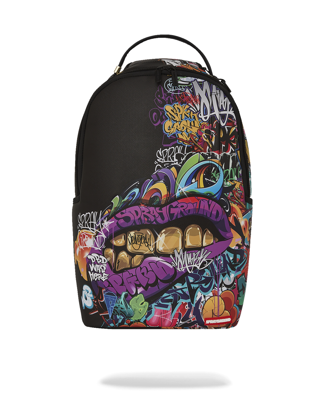 Front view of faux leather backpack with gold zippers and logo badge.