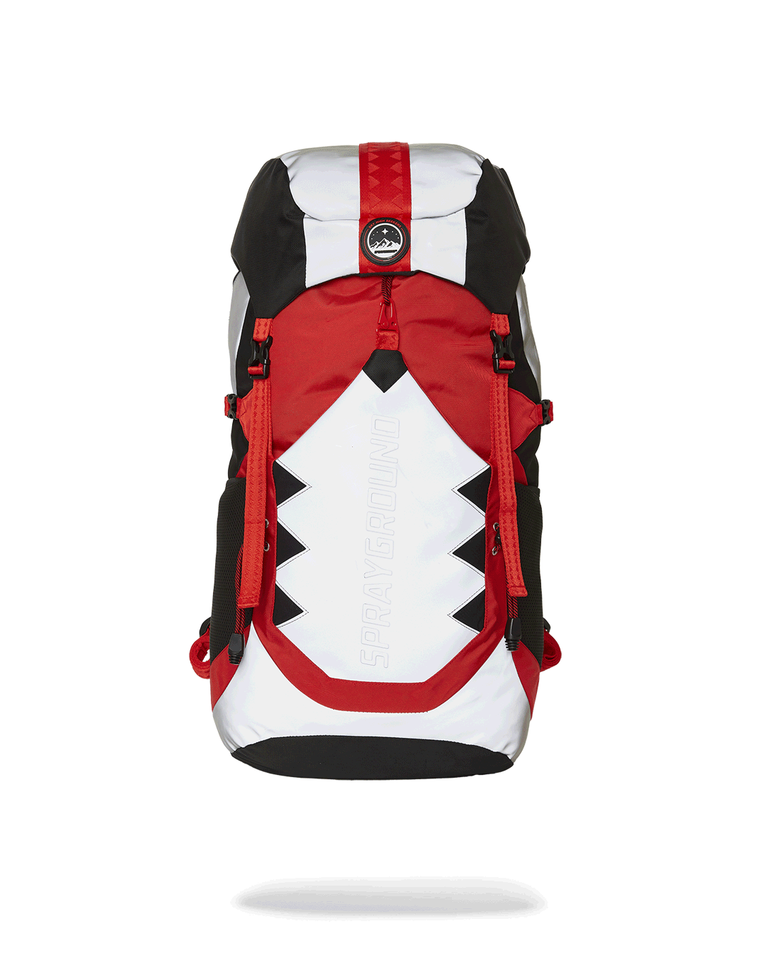Front view of the Adventure Ready Arctic Trekking Backpack showcasing reflective fabric and pockets.
