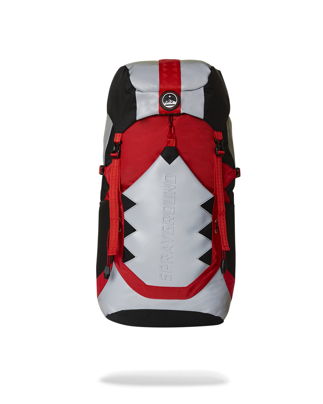 Front view of the Adventure Ready Arctic Trekking Backpack showcasing reflective fabric and pockets.
