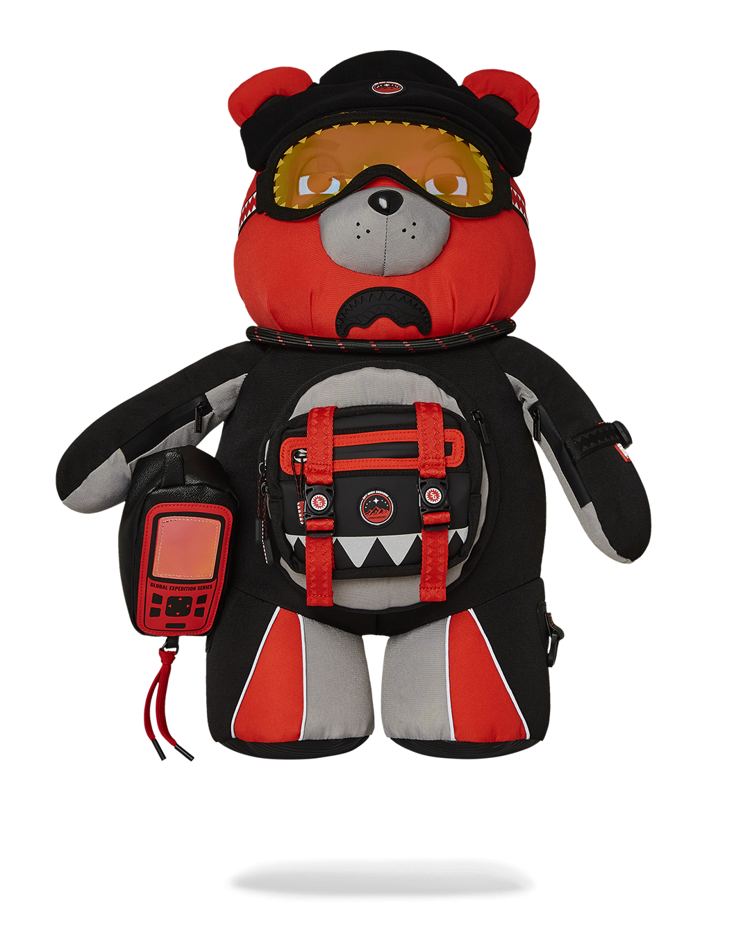 Front view of the Limited Edition Teddy Bear Backpack showcasing its zippered pockets.