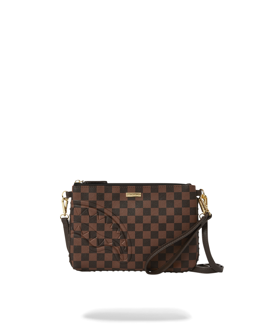 Luxury clutch bag with wristlet strap and gold accents