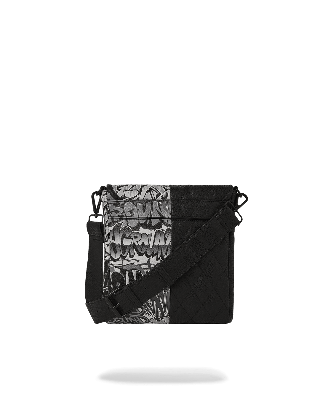 Close-up of quilted faux leather texture and shark mouth design