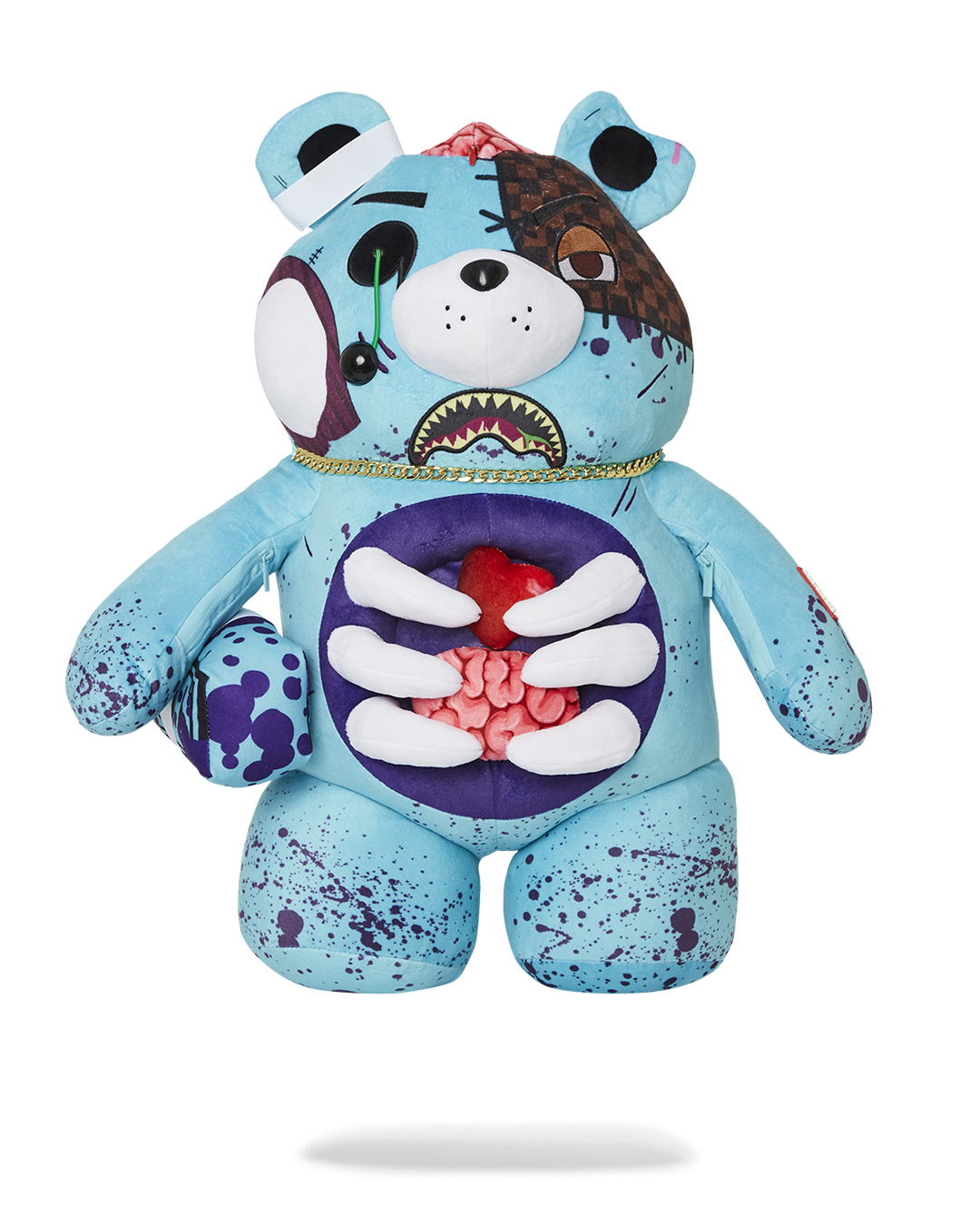 Zombie Bear plush backpack front view with zippered pockets