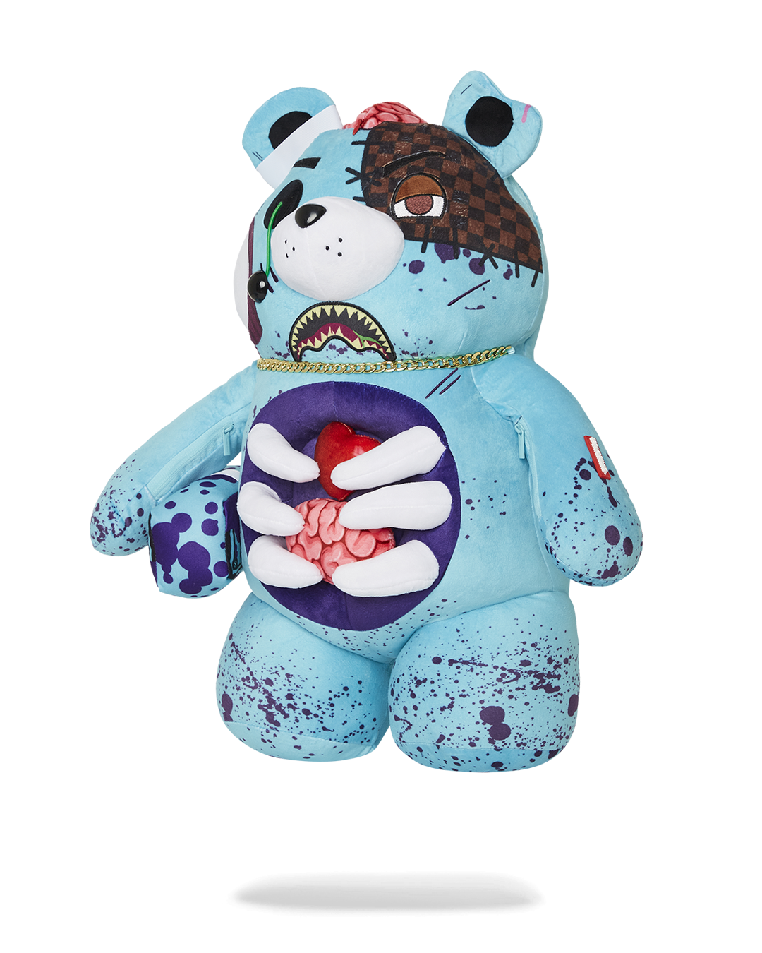 Zombie Bear plush backpack front view with zippered pockets