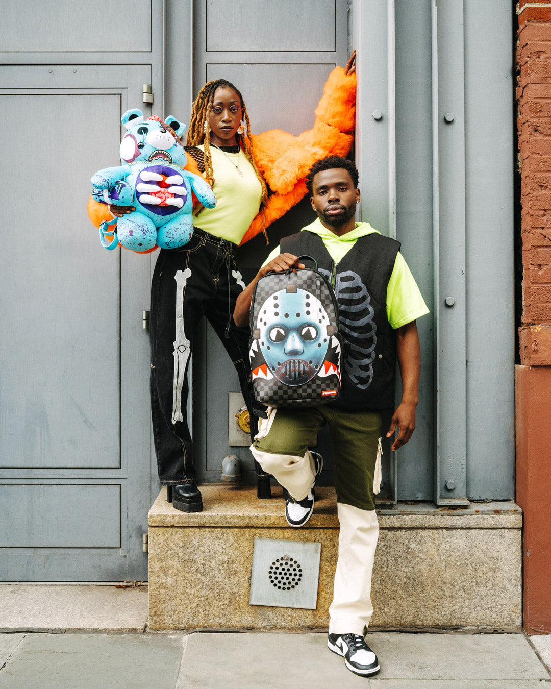 Gory Zombie bear plush backpack being worn on back with adjustable straps