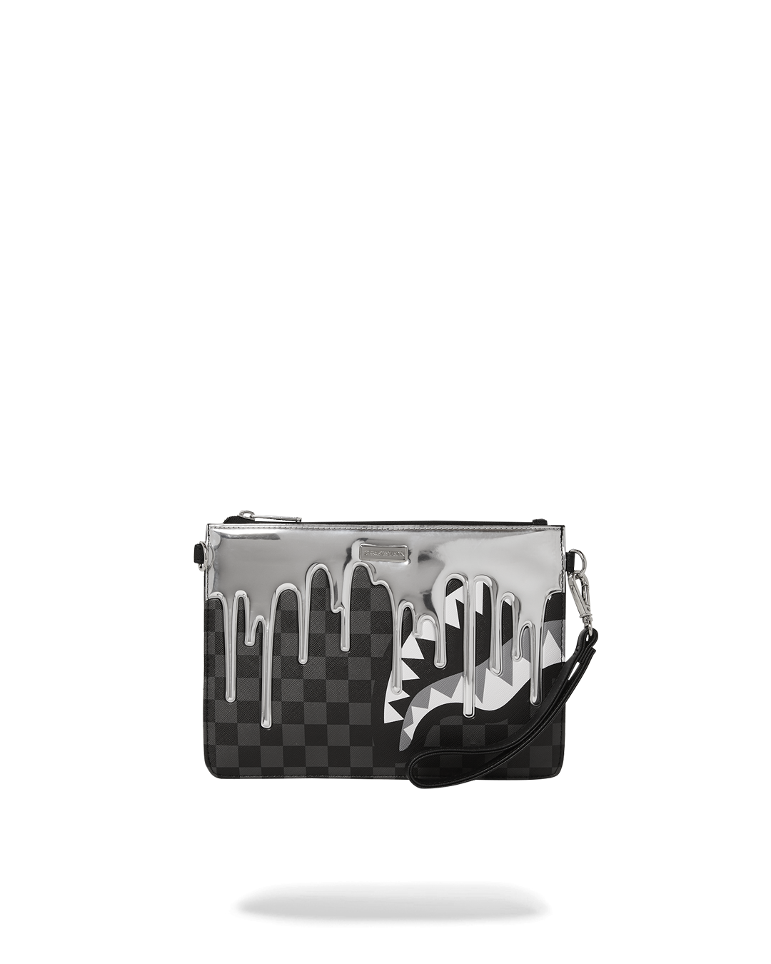 Gold and black Ghost Drip clutch held in hand with strap attached