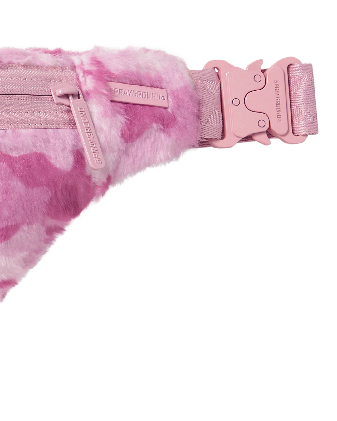 Front view of the waist bag highlighting the red zippered pocket and metal hardware.