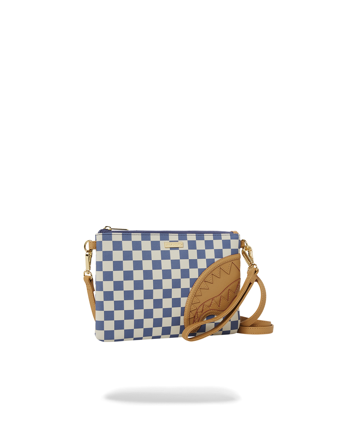 The clutch bag being carried as a crossbody bag, highlighting its adjustable strap