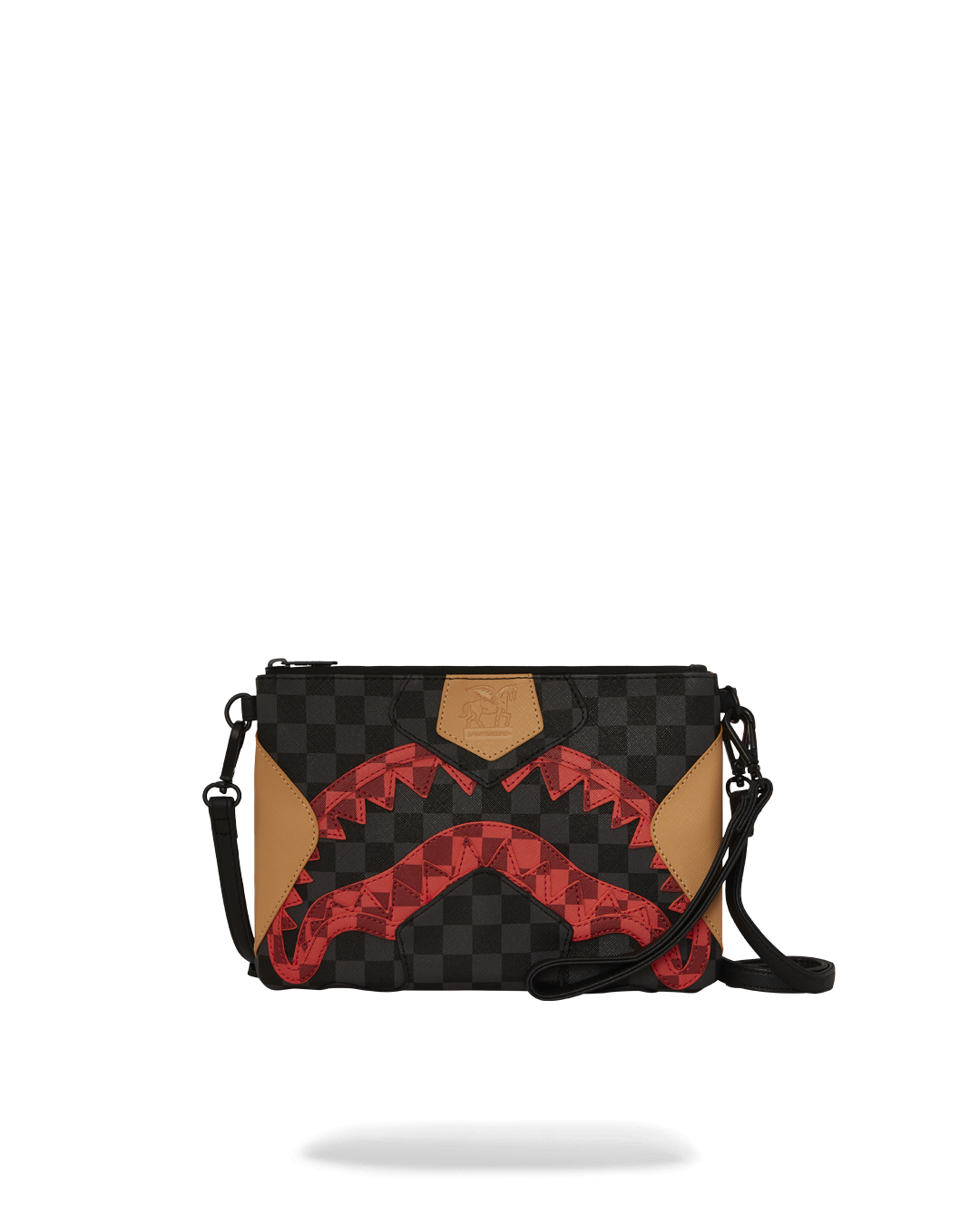 Evil Genius clutch bag with detachable wristlet and handle, black leather finish