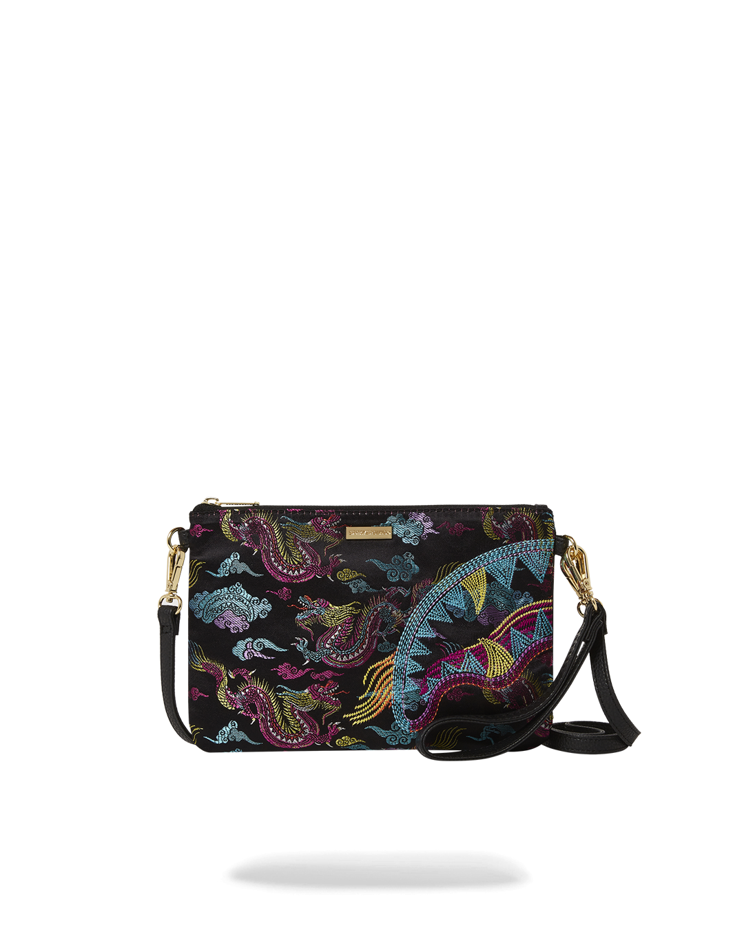Front view of embroidered dragons crossover clutch with handle detail