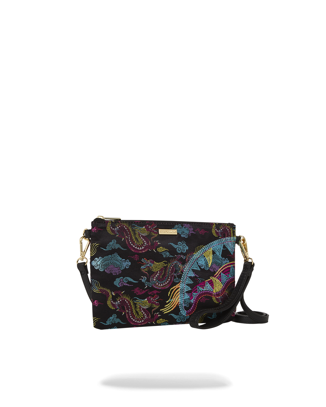 Interior shot showing zip closure and pocket of the embroidered handbag