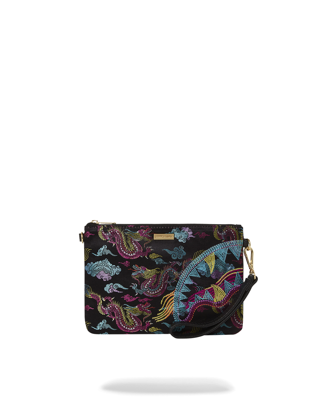 Front view of embroidered dragons crossover clutch with handle detail