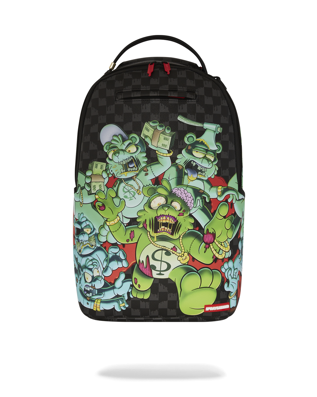Front view of the Zombie and the Gang faux leather backpack with gold zippers.