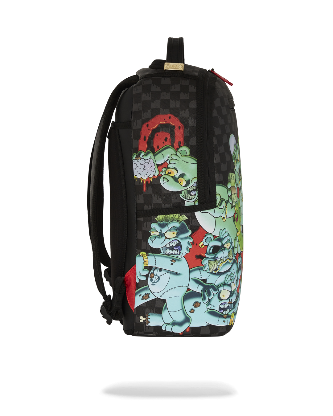 Side angle of the Zombie and the Gang backpack highlighting its adjustable straps.
