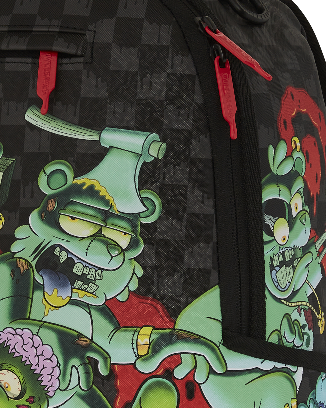 Side angle of the Zombie and the Gang backpack highlighting its adjustable straps.