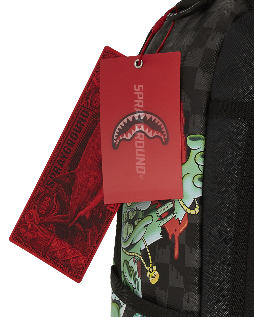 Side angle of the Zombie and the Gang backpack highlighting its adjustable straps.