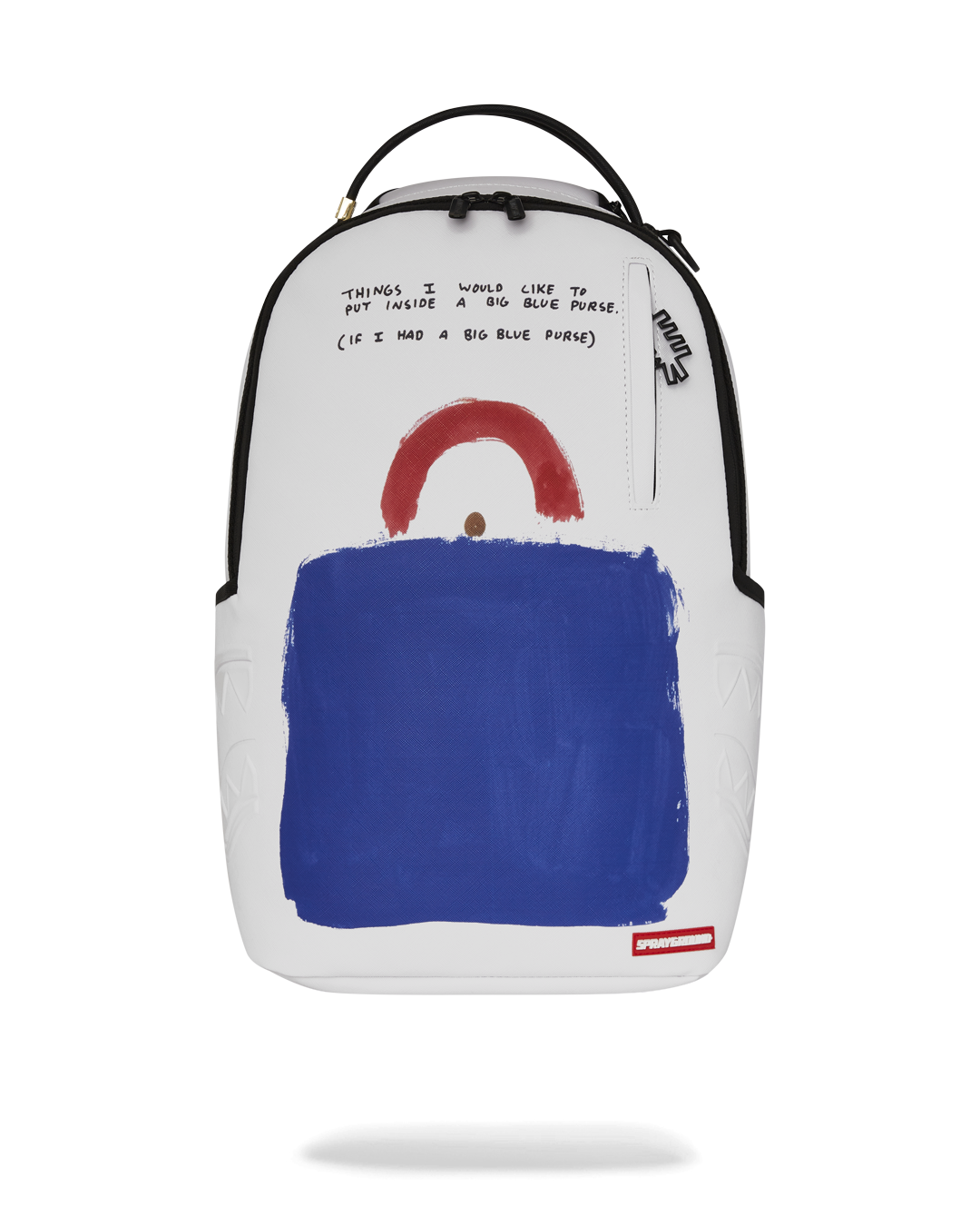Front view of Keith Haring Big Blue art backpack with iconic design and gold hardware