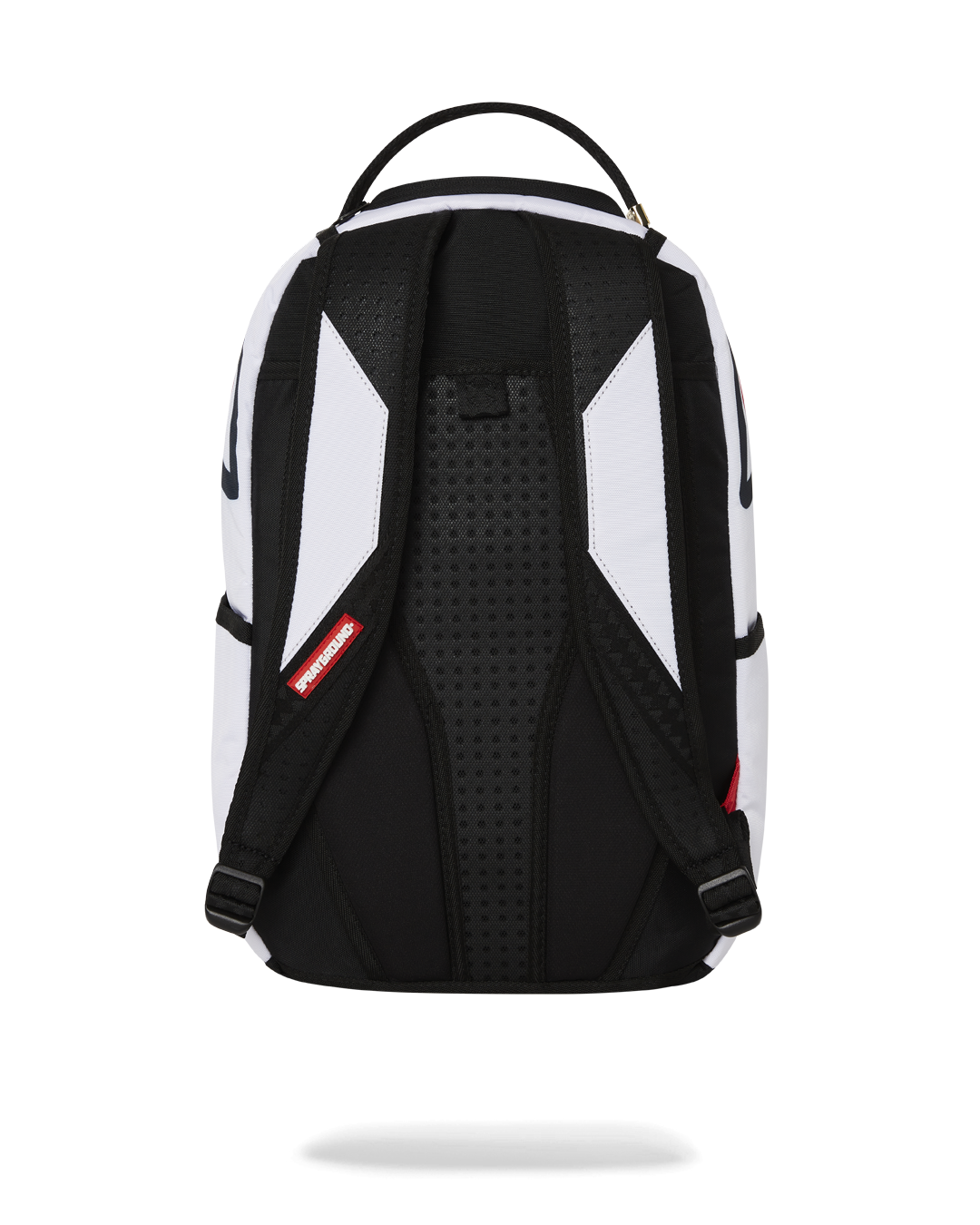 Front-facing view of the pink Sprayground backpack with Keith Haring alien artwork