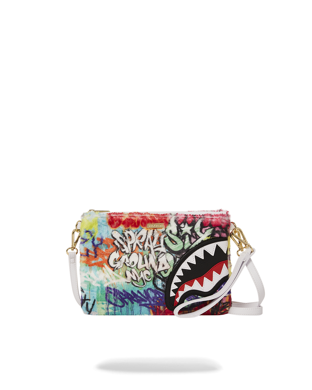 Front view of graffiti clutch with faux fur and wristlet strap.