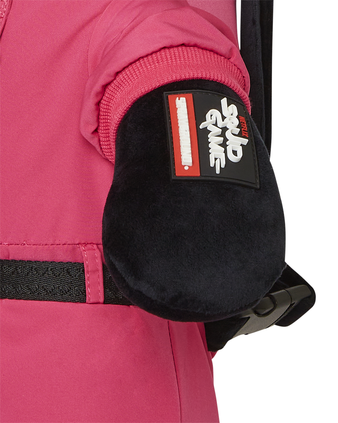 Squid Game Limited Edition Teddy Bear Backpack back view with large zippered pocket