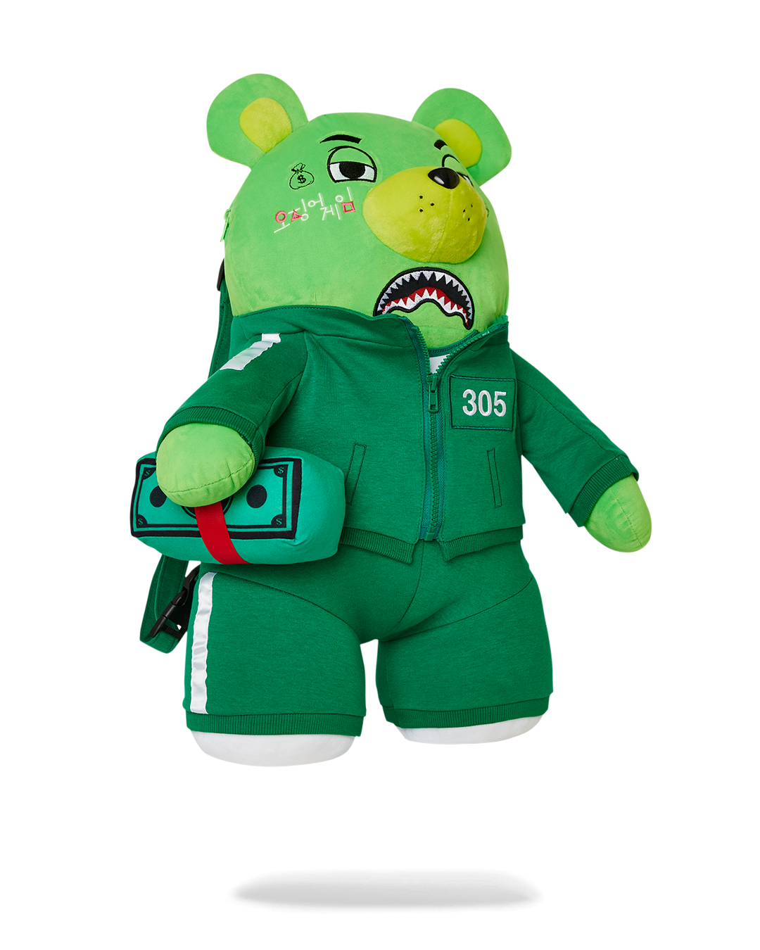 Close-up of the zippered pockets on the Sprayground money bear backpack.