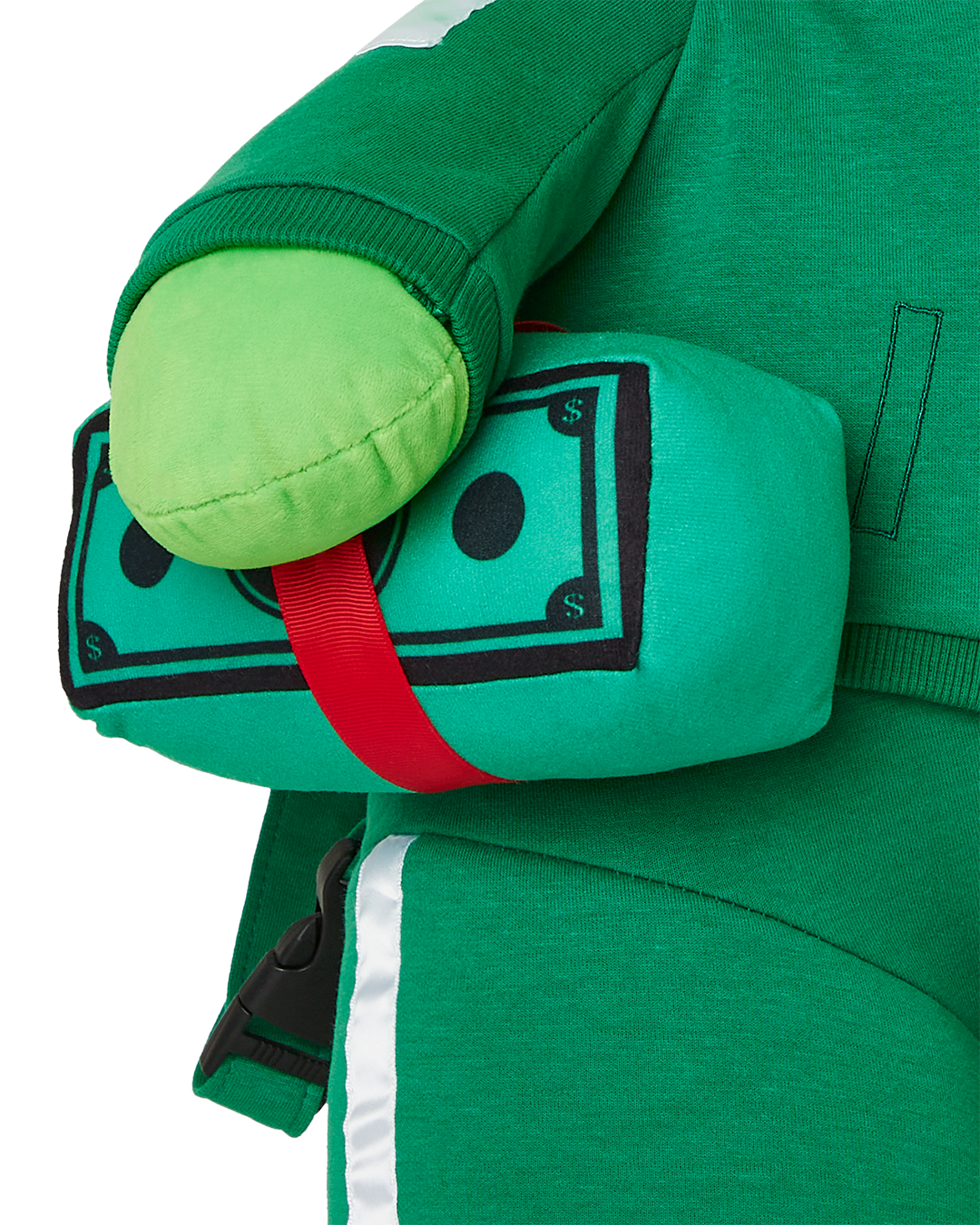 Front view of the Sprayground teddy bear backpack with money bear design.