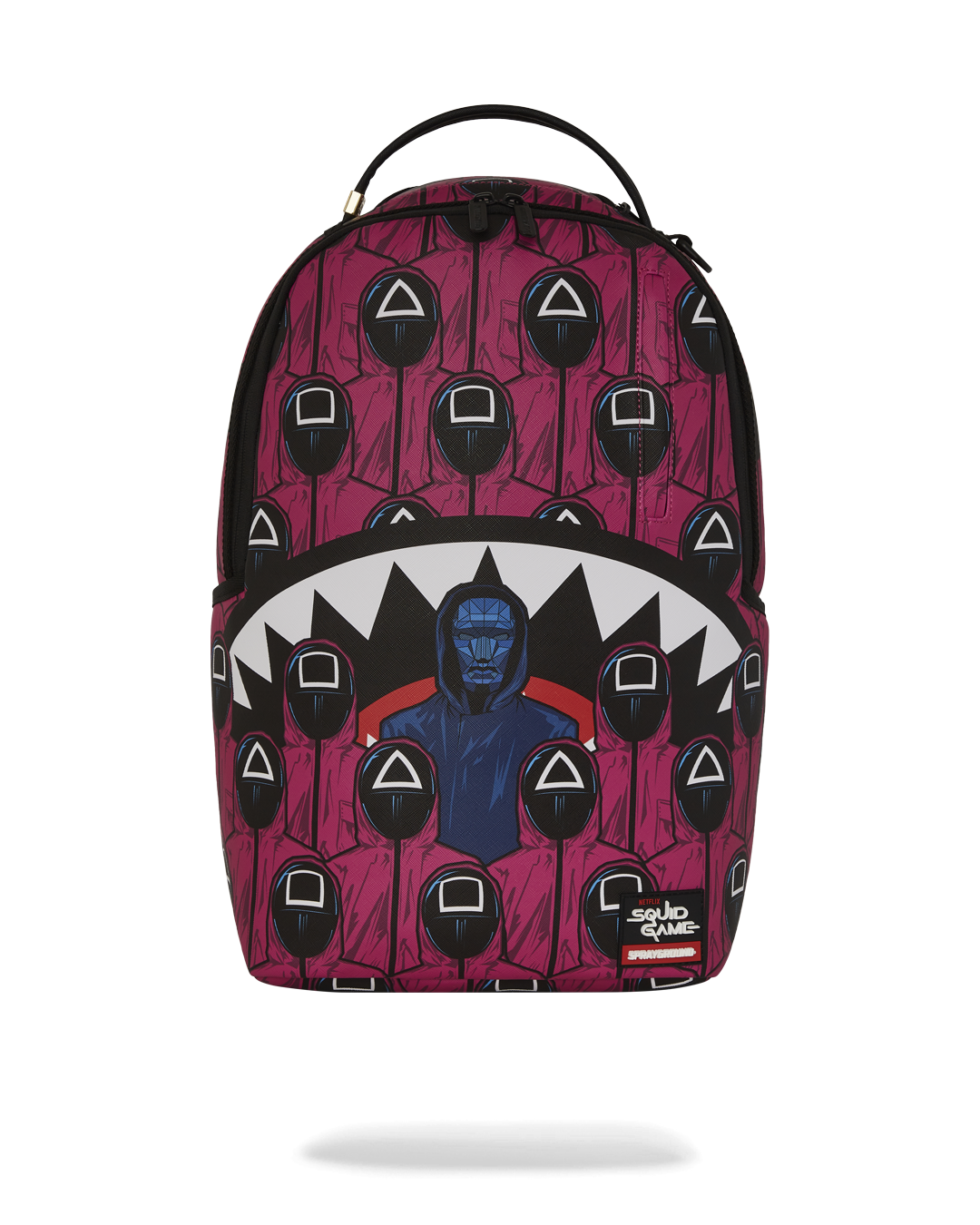 Front view of the Squid Game limited edition faux leather backpack with gold zippers