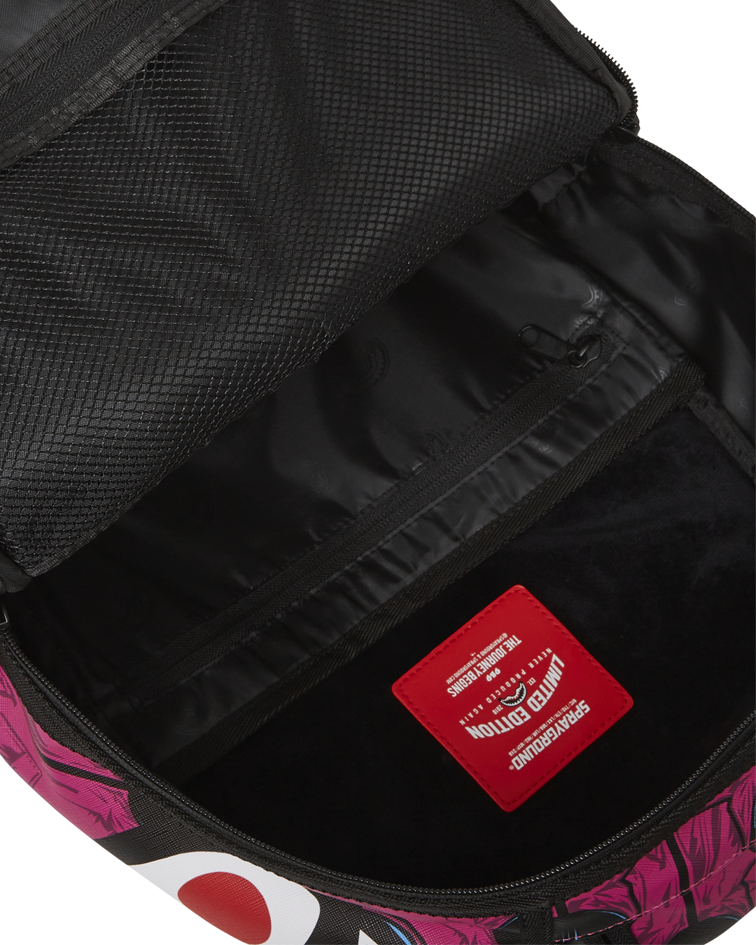 Front view of the Squid Game limited edition faux leather backpack with gold zippers