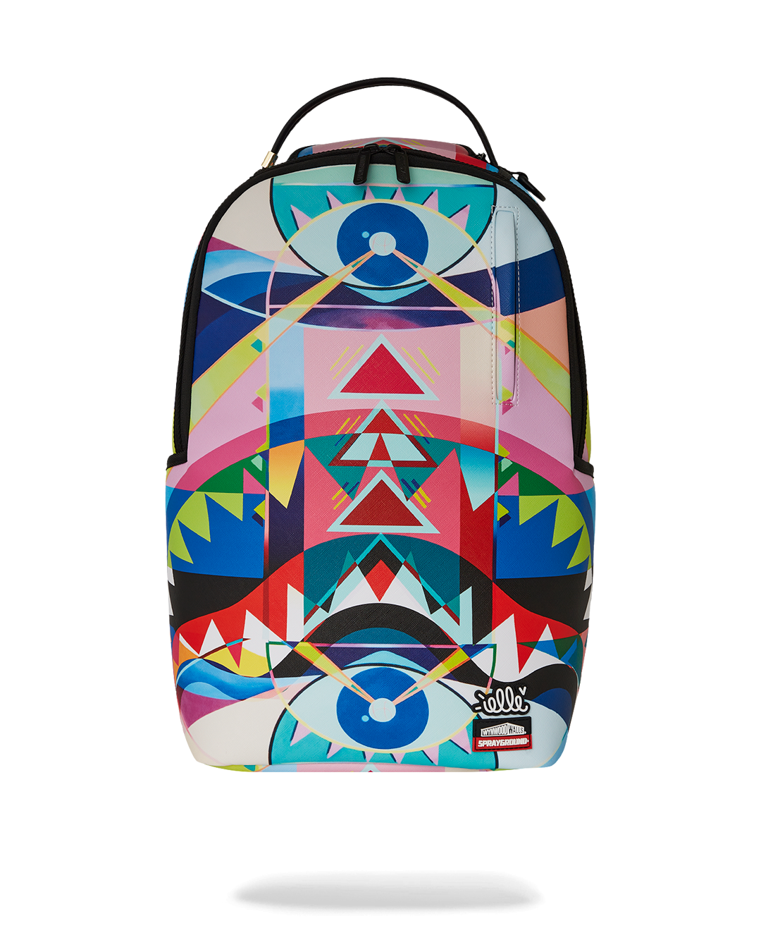 Front view of Wynwood Walls graffiti backpack with street art design and metal hardware