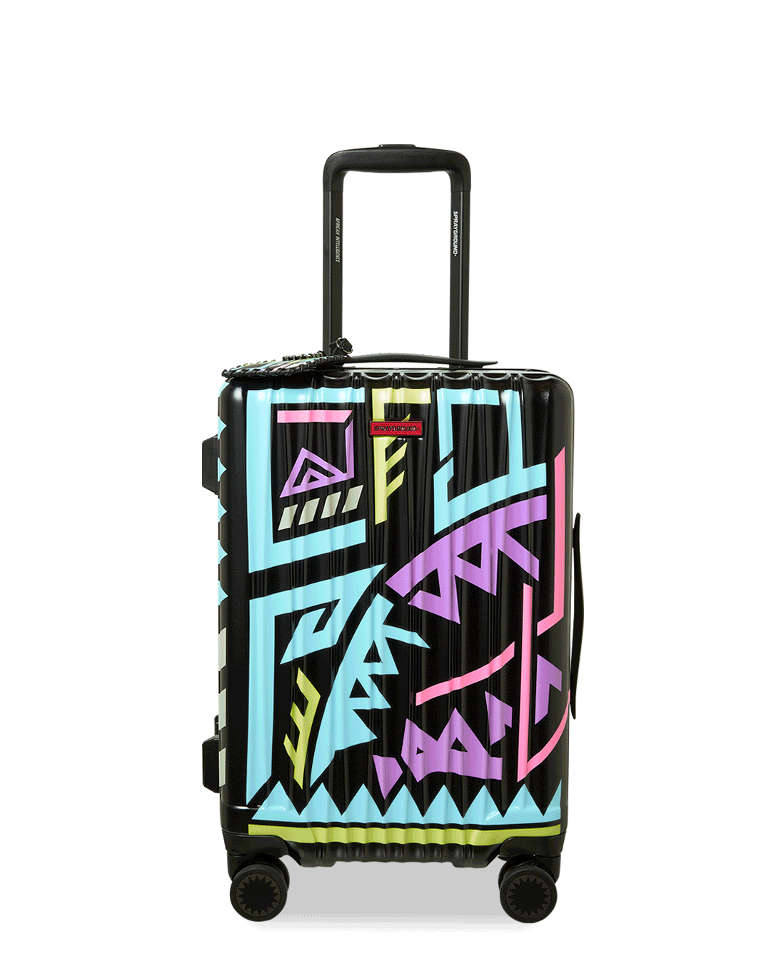 Side view of lightweight hardshell suitcase with spinner wheels on airport terminal floor
