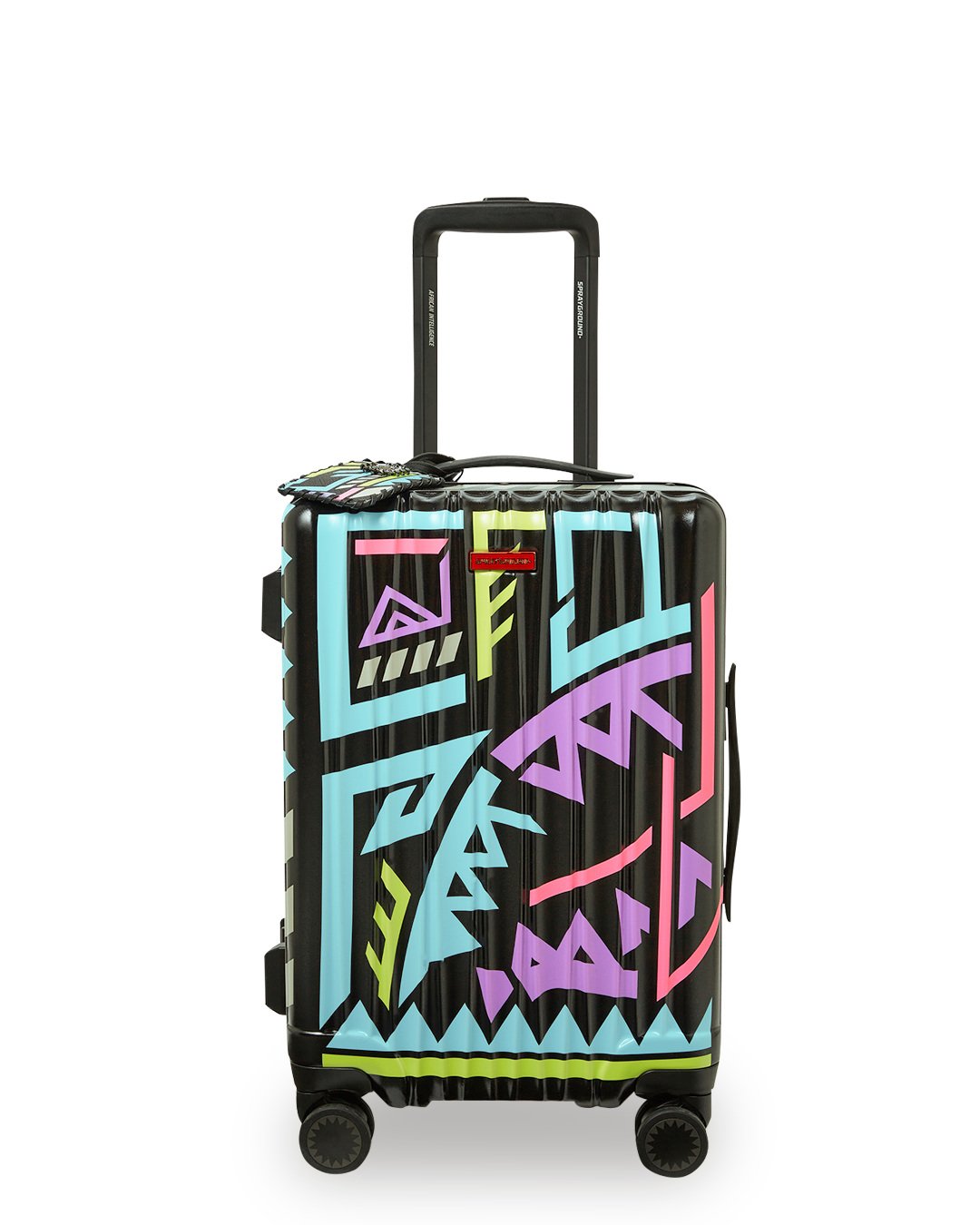 Close-up of TSA lock and telescoping handle on durable hardshell suitcase