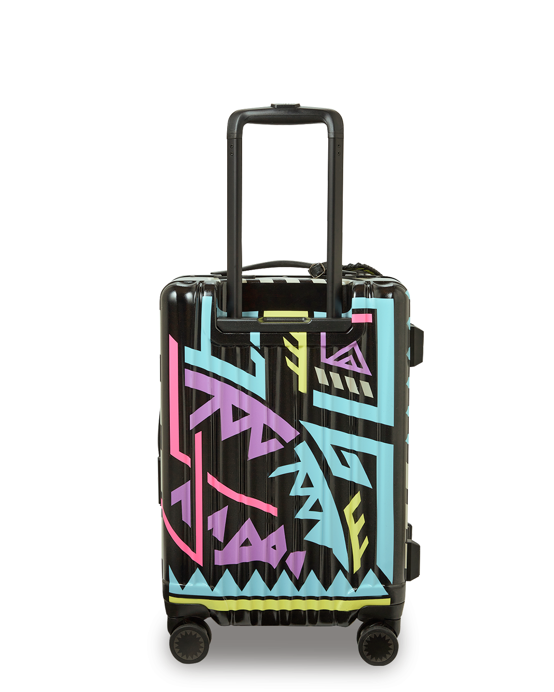 Side view of lightweight hardshell suitcase with spinner wheels on airport terminal floor