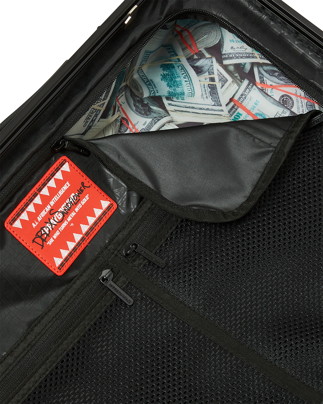 Interior of carry-on luggage showing organized compartments and mesh pockets