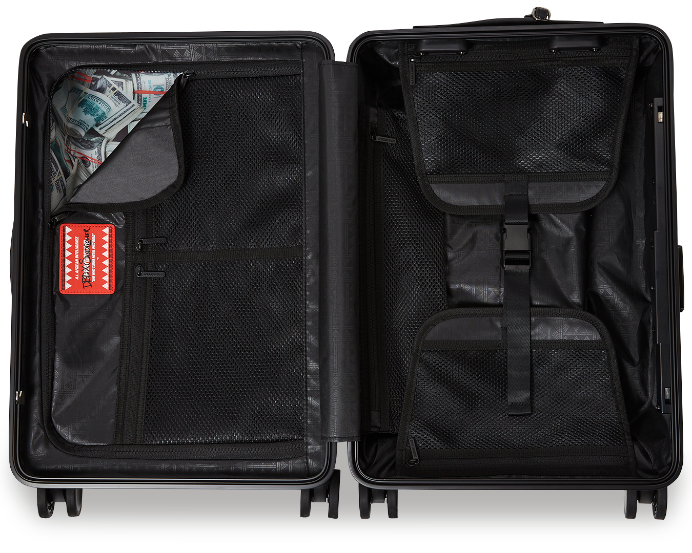Side view of lightweight hardshell suitcase with spinner wheels on airport terminal floor
