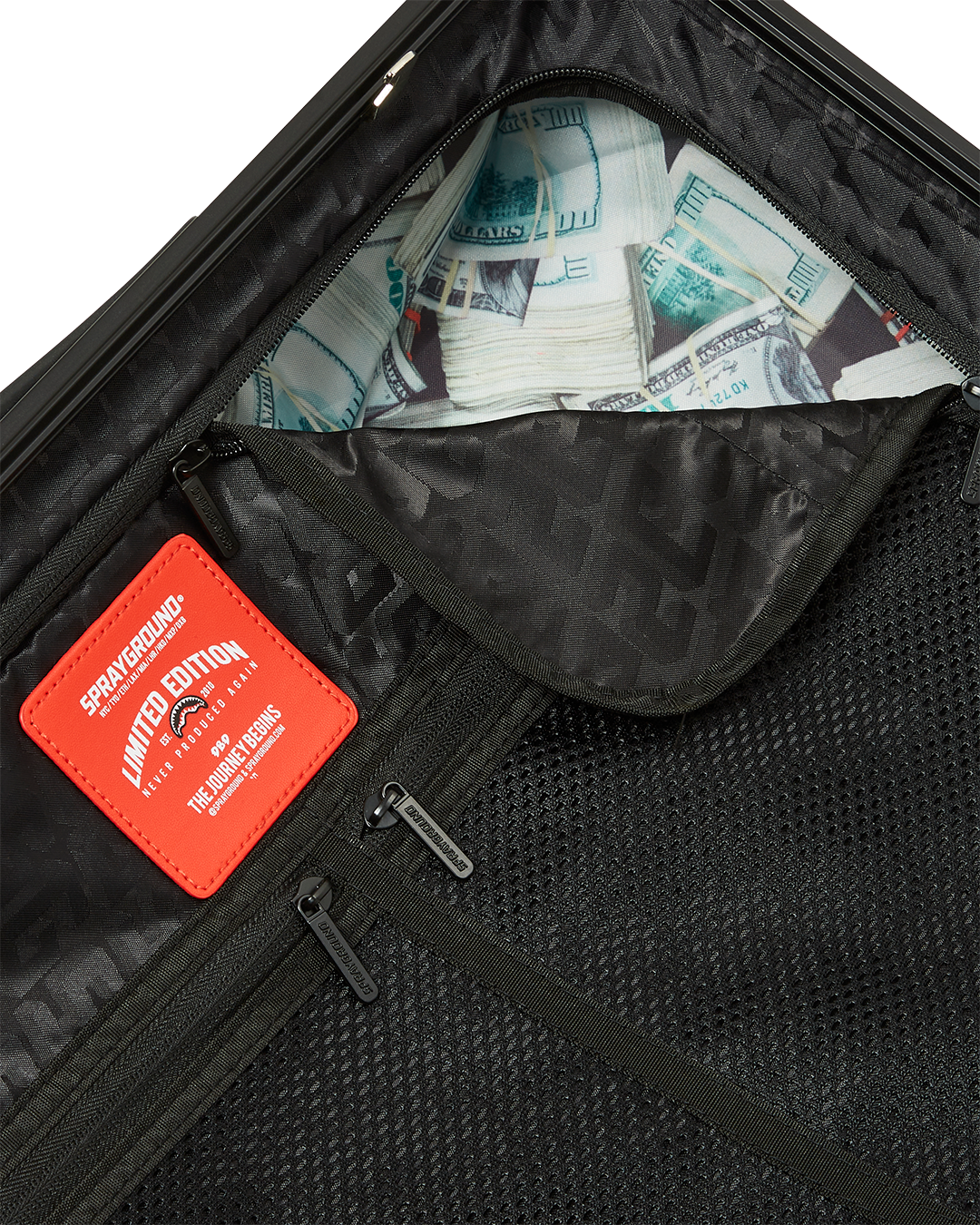 Interior of the durable travel suitcase with organized pockets and compression straps