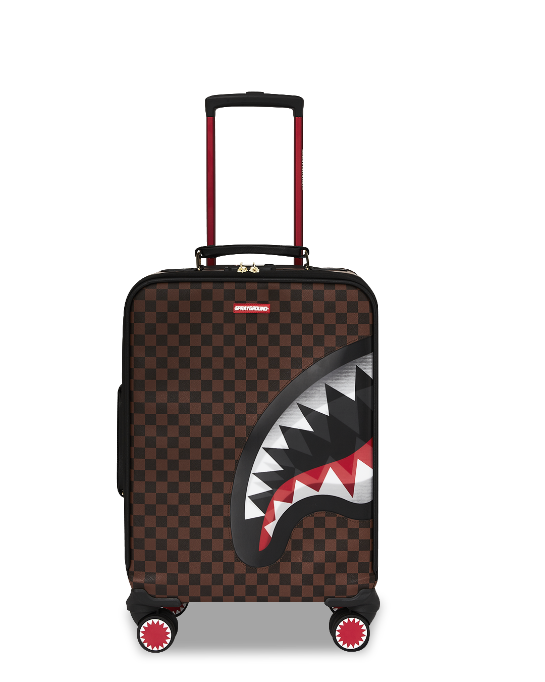 Soft shell carry-on luggage with lenticular sharkmouth exterior, showcasing its stylish design.