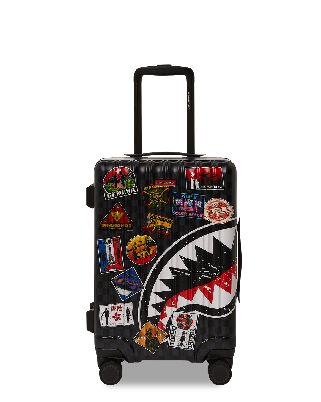 Sharknautics Hardshell Carry-On Luggage in use at an airport, demonstrating its double spinner wheels and smooth navigation.